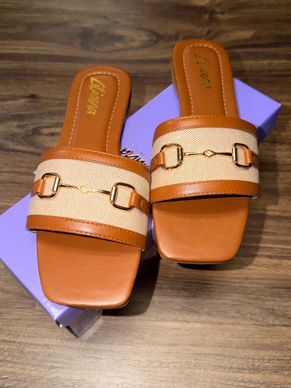 Liliana Brown and Cream Leather Slide Mules with Gold Hardware
